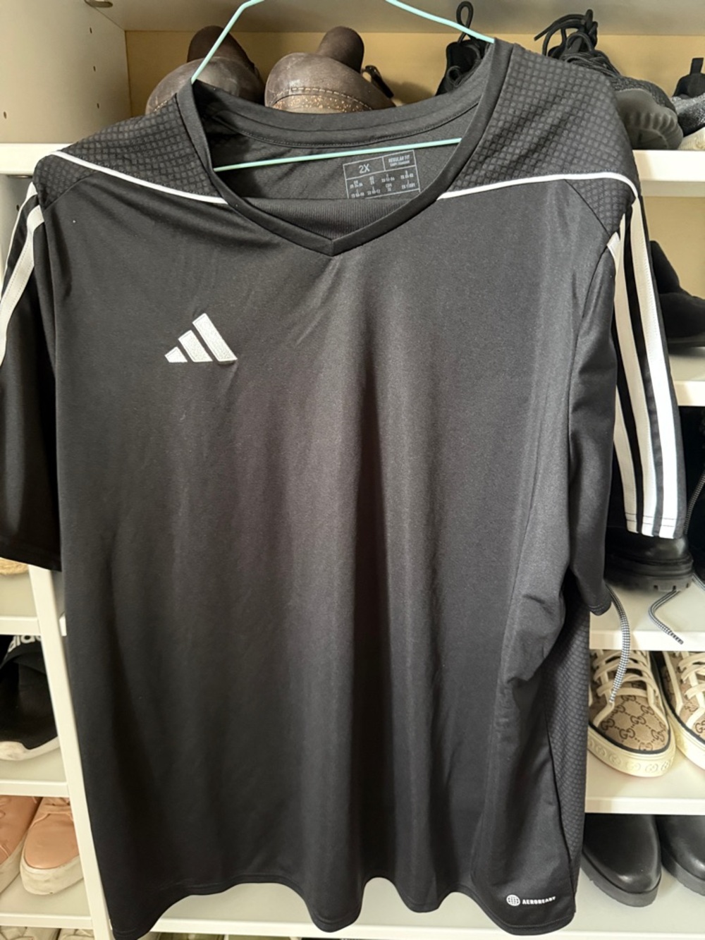 adidas Black Short-Sleeve Athletic Soccer Jersey with White Stripes